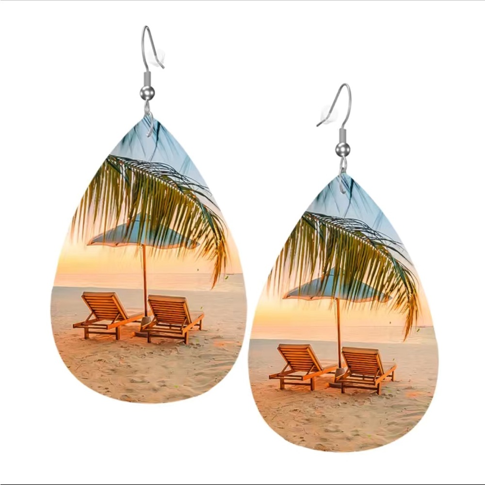 Beach Photo Scene Leather Teardrop Earrings